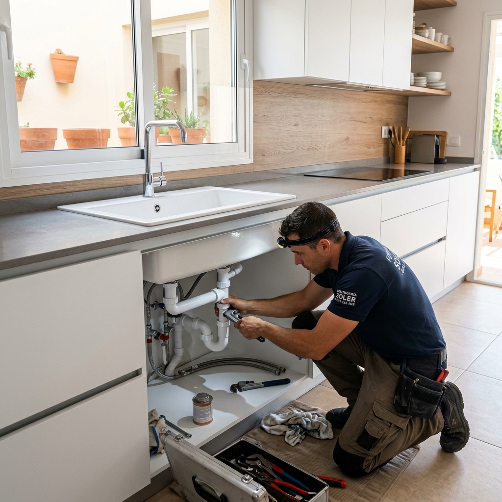 Fontanero instalando los desagües de una pila de cocina en Madrid