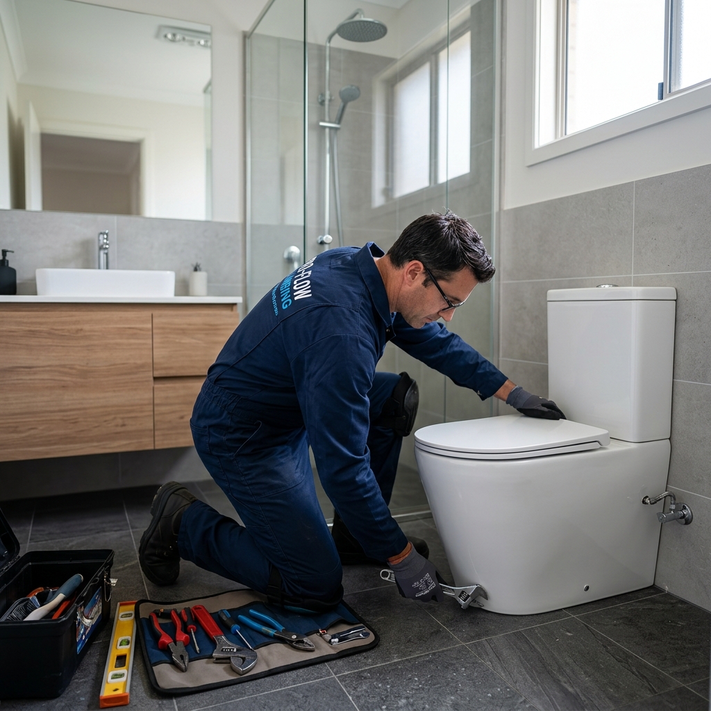 Fontanero instalando un inodoro nuevo en el baño en Madrid