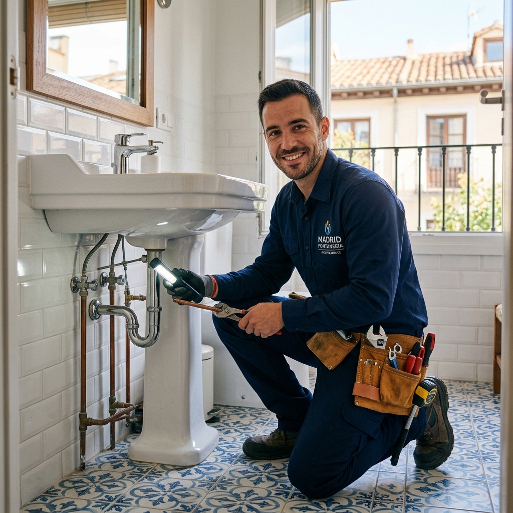 Herramientas de fontanero fijando un sanitario al suelo de un baño