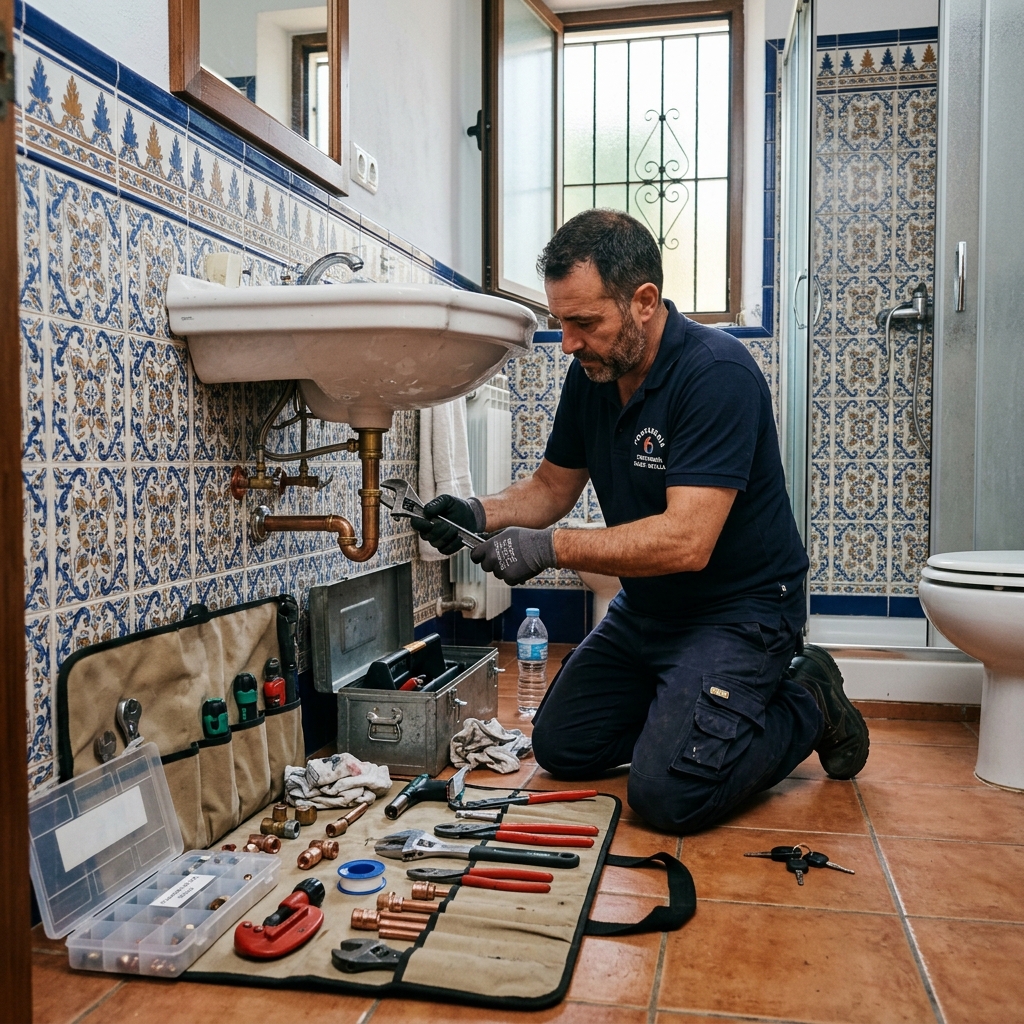 Fontanero de urgencia atendiendo una avería