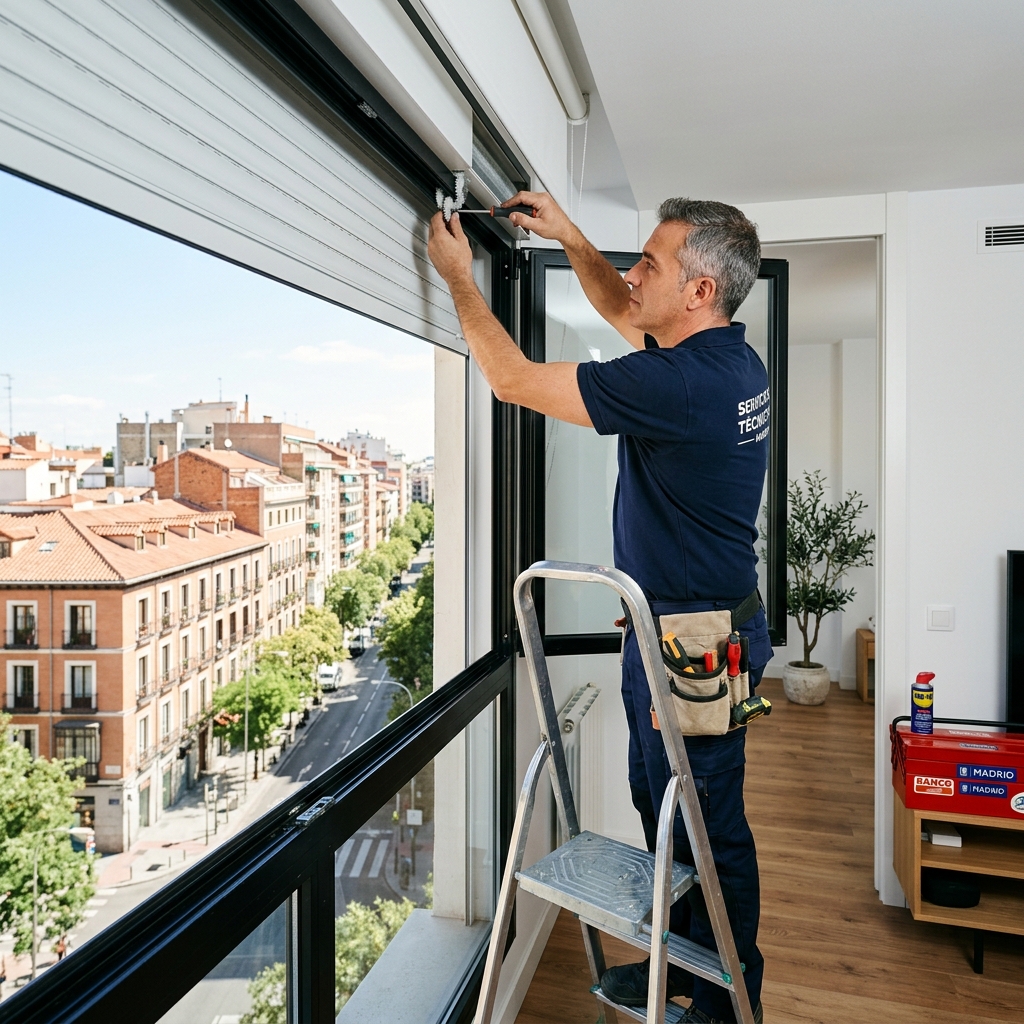 Blind technician in Madrid repairing a window blind