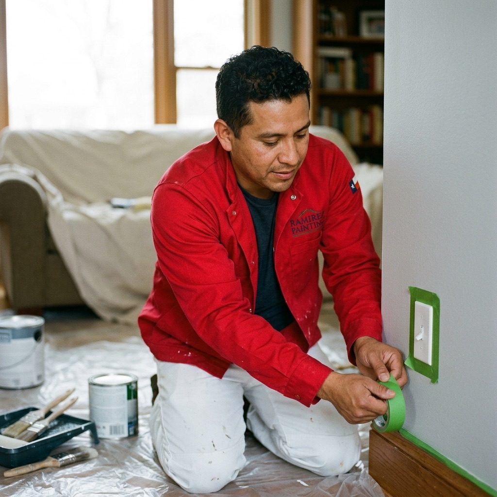 Pintor profesional protegiendo los zócalos y marcos de puertas con cinta de carrocero