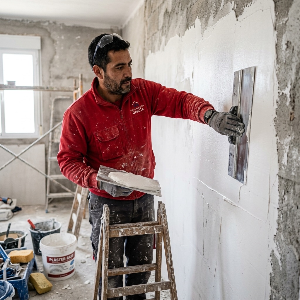Pintor profesional aplicando plaste para alisar paredes en Madrid