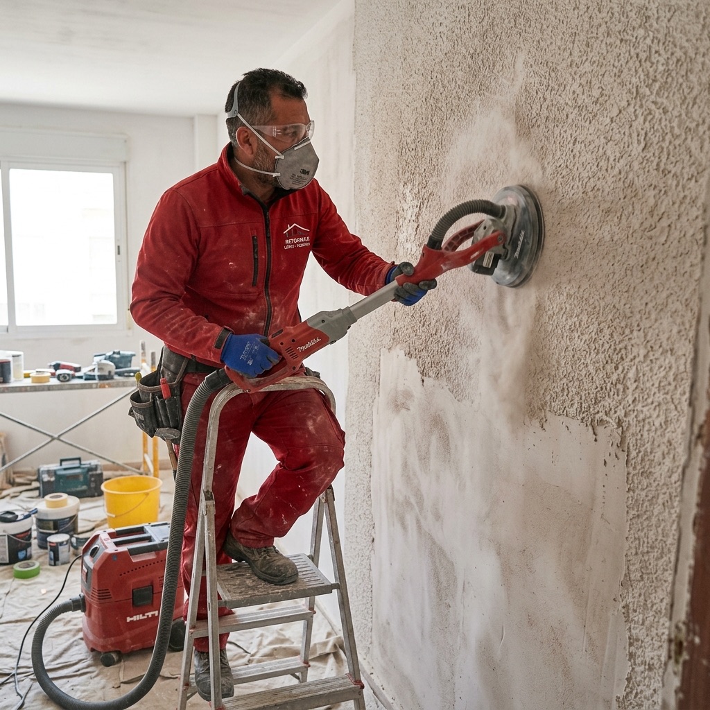 Pintor profesional alisando una pared para quitar el gotelé en Madrid